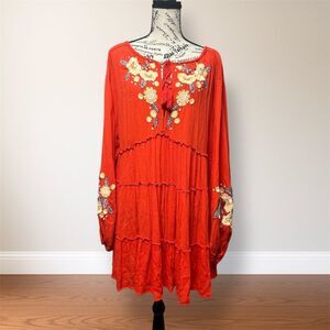 Free People M Red Embroidered Tiered Gauzy Mini Dress Floral Boho Peasant Flowy